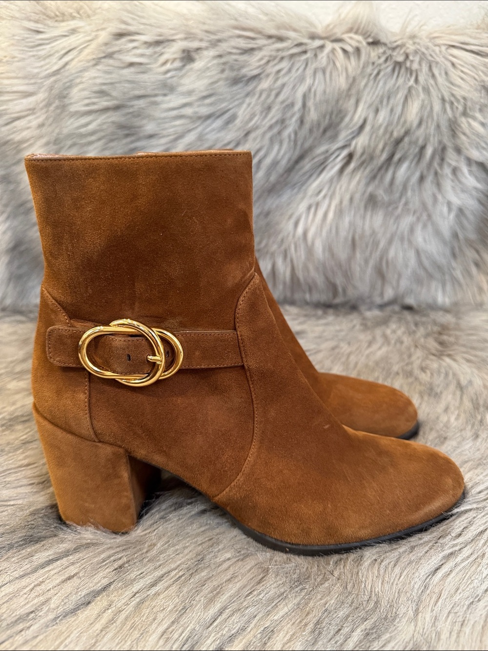 Stuart Weitzman Camel Brown Suede Ankle Boots with Gold Buckle Size 9N